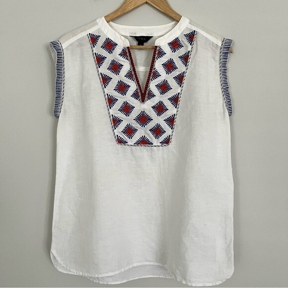J. Crew Sunburst Embroidered Boho Linen Sleeveless Blouse, Size 2 - Picture 3 of 15
